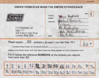 Star Wars Sticker Album Order Form, August 1980