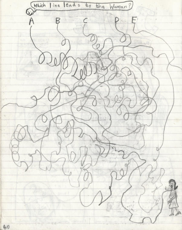 Which line leads to the woman?