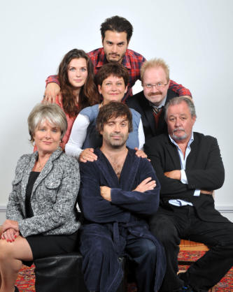 The cast of The Intervention - Top: Michael Malarkey; Middle: Aisling Bea, Ann Bryson, Waen Shepherd; Bottom: Jan Ravens, Phil Nichol, James Jordan. Photo by Steve Ullathorne, 2012